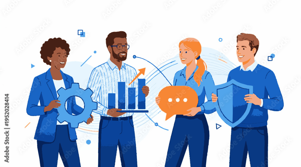 Obraz premium Diverse team collaborating with gear graph chat bubble and shield icons in blue and orange hues
