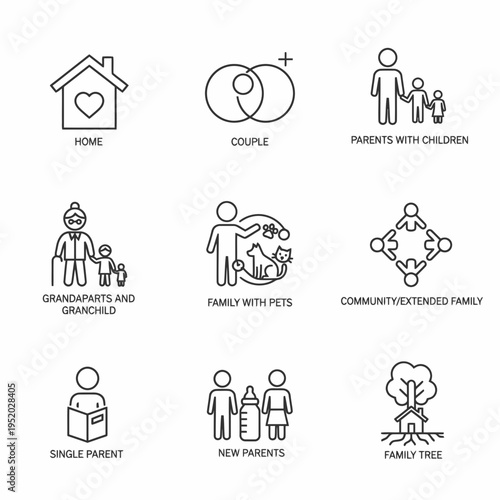 Diverse Family Structures Illustrated with Simple Outline Icons