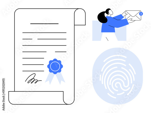 E-signatures, digital identity, certification, secure messaging, document verification, online authentication. Certificate with ribbon, fingerprint person holding email. Digital identity