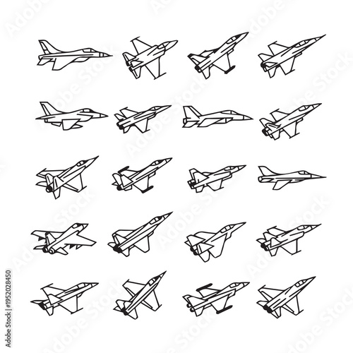 Collection of Fighter Jet Icons in Line Art Style on White Background