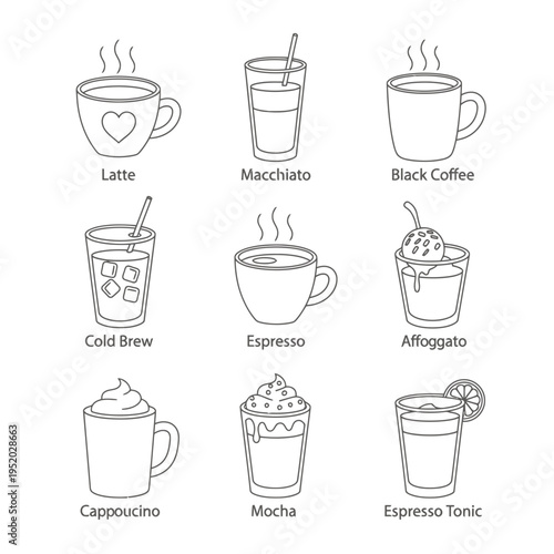 Collection of nine different coffee drinks illustrated in a simple line art style.