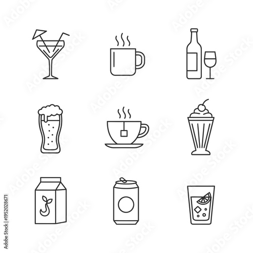 Collection of Nine Different Beverage Icons in Line Art Style.