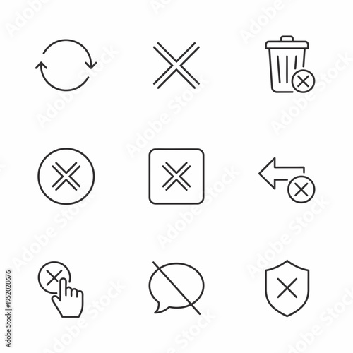 Collection of nine different cross and cancel icons.