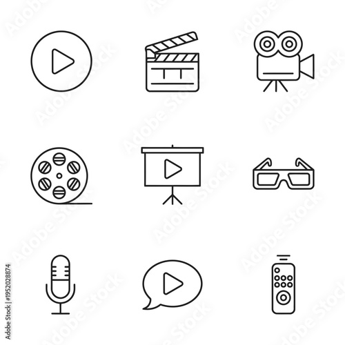 Collection of nine minimalist line art icons representing cinema and video production elements.