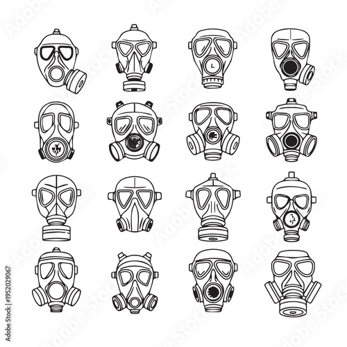 Collection of Gas Mask Icons Various Designs Black and White Line Art