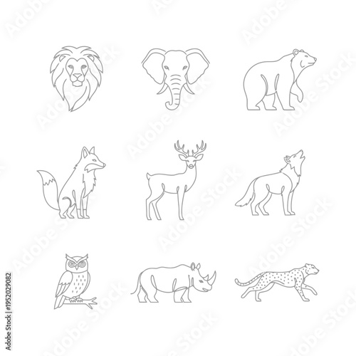 Collection of Outline Illustrations of Various Wild Animals.