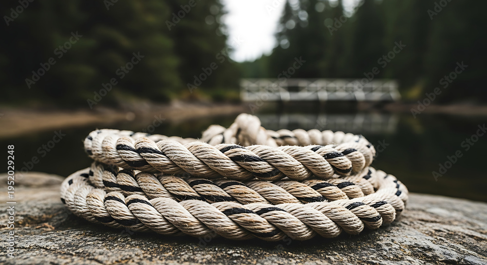 Fototapeta premium thick braided rope with black and white strands coiled on a rustic rock by a serene lake symbolizing strength and nature