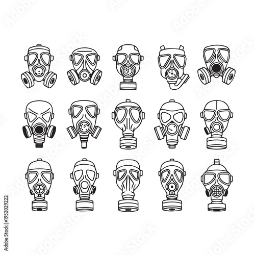 Collection of Gas Masks in Line Art Style for Protection and Safety Concepts
