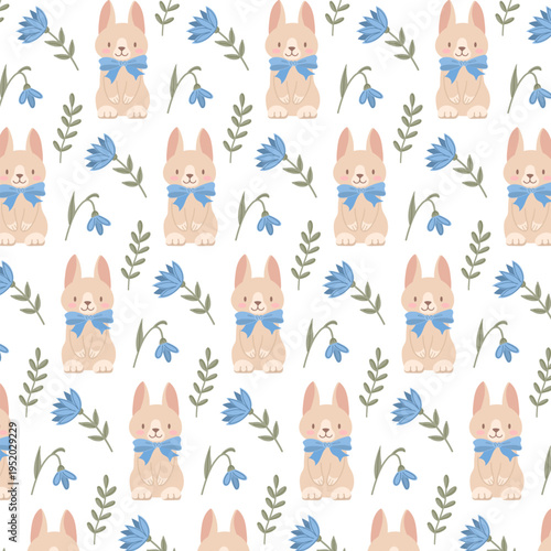 Cute Easter bunny with blue bow and spring flowers seamless pattern. Vector nursery rabbit background for fabric, wallpaper, baby shower