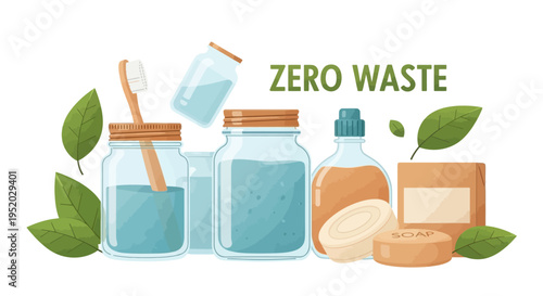 Illustration of eco-friendly products for a sustainable zero waste lifestyle with green leaves and natural soap, promoting environmentally friendly living