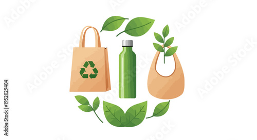 Eco-friendly sustainable living concept illustration with reusable bag, bottle, and leaves in a circular arrangement