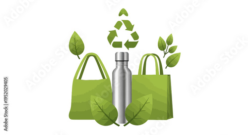 Eco-friendly illustration of a reusable bottle and bags with leaves and recycling symbol for sustainable living concept on International Day of Zero Waste