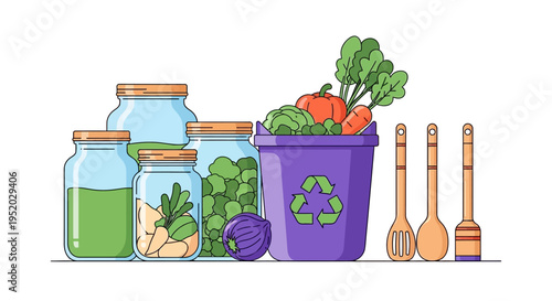 A vibrant illustration of eco-friendly kitchen utensils and fresh produce in reusable containers for a sustainable zero waste lifestyle