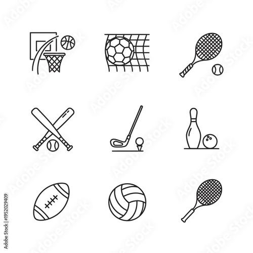 Collection of Sports Equipment Icons Representing Various Games.