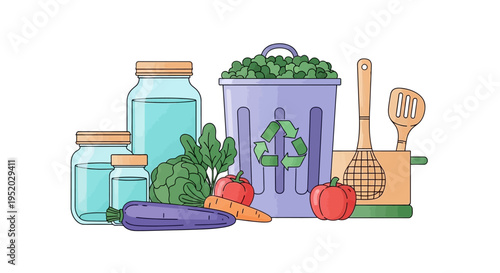 Eco friendly kitchen illustration with zero waste lifestyle concept, featuring vegetables, recycling bin, and sustainable products on a clean background