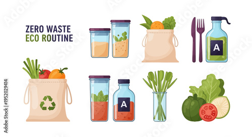 Eco-friendly illustration for International Day of Zero Waste showcasing sustainable living concept with reusable bags, bottles, and healthy food, promoting zero waste lifestyle