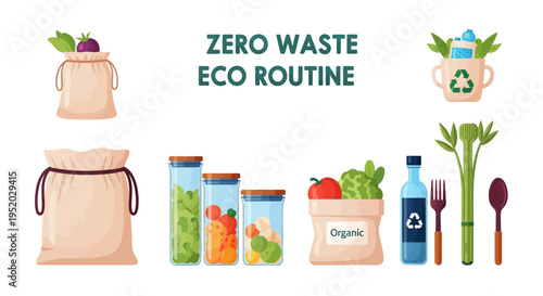 Eco-friendly products for a zero waste lifestyle with sustainable living concept illustration of healthy food and kitchen items
