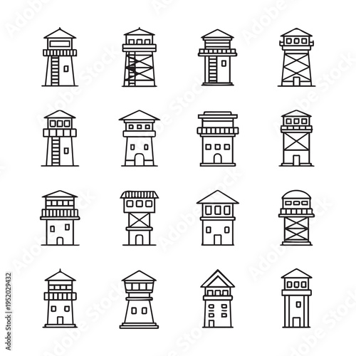Collection of Guard Towers and Watchtowers Line Art Icons