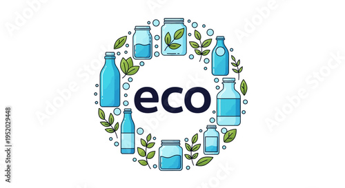 Eco-friendly logo illustration with recyclable bottles and leaves on a white background, promoting sustainable living and zero waste