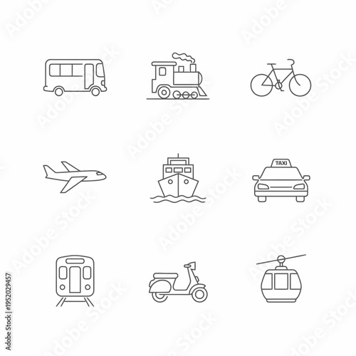 Collection of Transportation Icons in Line Art Style.