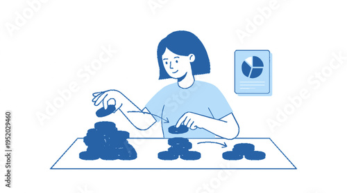 Woman allocates resources efficiently with stacks of tokens on a table analyzing data