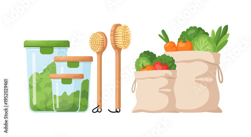 Eco friendly sustainable living concept illustration of zero waste lifestyle with vegetable, fruit, and kitchen items