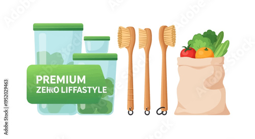 Illustration of eco-friendly products for a sustainable zero waste lifestyle with reusable containers and utensils