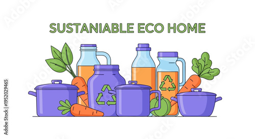 Eco-friendly kitchen illustration with recycling symbols, vegetables, and sustainable products for a zero waste lifestyle and healthy living concept