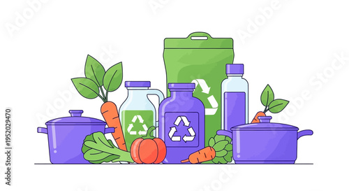 Eco-friendly kitchen illustration with recycling symbols on bottles and containers surrounded by fruits and vegetables