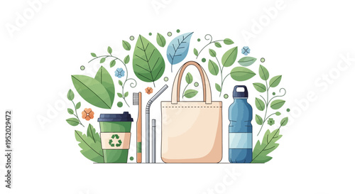 Eco-friendly products for a sustainable lifestyle with a reusable bag, water bottle, and coffee cup surrounded by leaves and recycling symbols