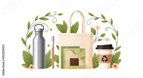 Eco friendly sustainable living concept illustration with reusable bag, water bottle, and coffee cup surrounded by leaves and flowers