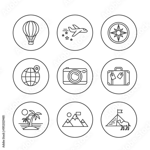 Collection of Travel and Adventure Icons in Outline Style.