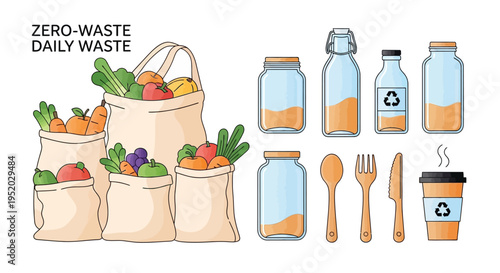 An eco-friendly illustration of reusable bags and containers for a zero-waste lifestyle with sustainable products