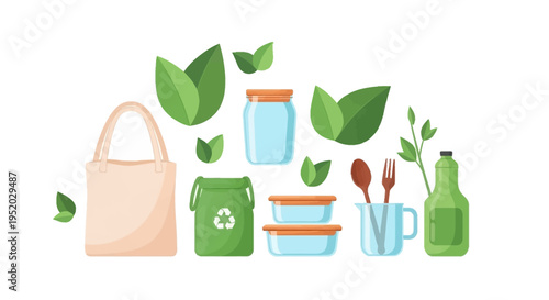 Eco-friendly sustainable living concept illustration featuring reusable items and fresh produce on a clean white background
