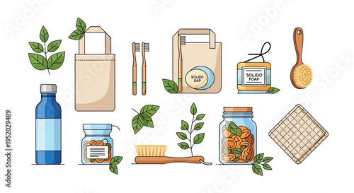 Eco friendly sustainable living concept illustration with zero waste products and kitchen items on white background