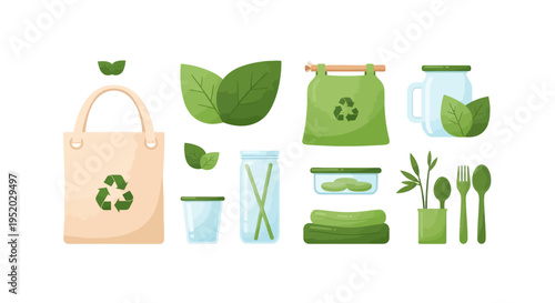 Vector illustration of eco-friendly products for a sustainable living concept on International Day of Zero Waste with green and beige tones