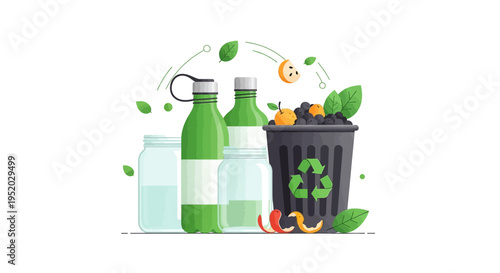Eco-friendly illustration of recyclable bottles and trash can for sustainable living on International Day of Zero Waste