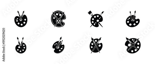 Artistic paint palette and brushes icons collection showing various creative tools for painting and fine arts in black and white silhouette style perfect for graphic design and studio branding