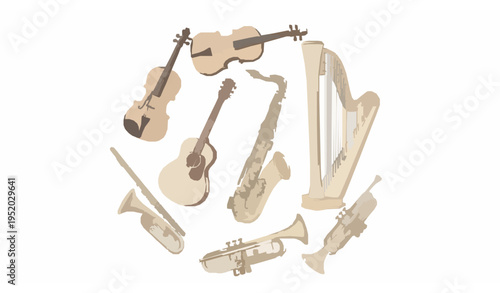 Elegant Watercolor Music Instruments Circle Composition Beige Vector Set