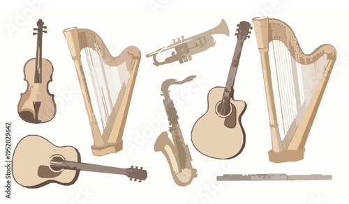 Hand Painted Musical Instruments Watercolor Set Soft Neutral Aesthetic Vector