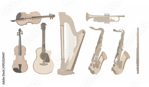 Watercolor Musical Instruments Set Violin Guitar Harp Soft Beige Vector Illustration