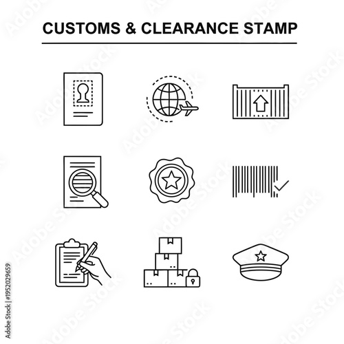 Customs and Clearance Stamp Icons Set for Logistics and Trade.