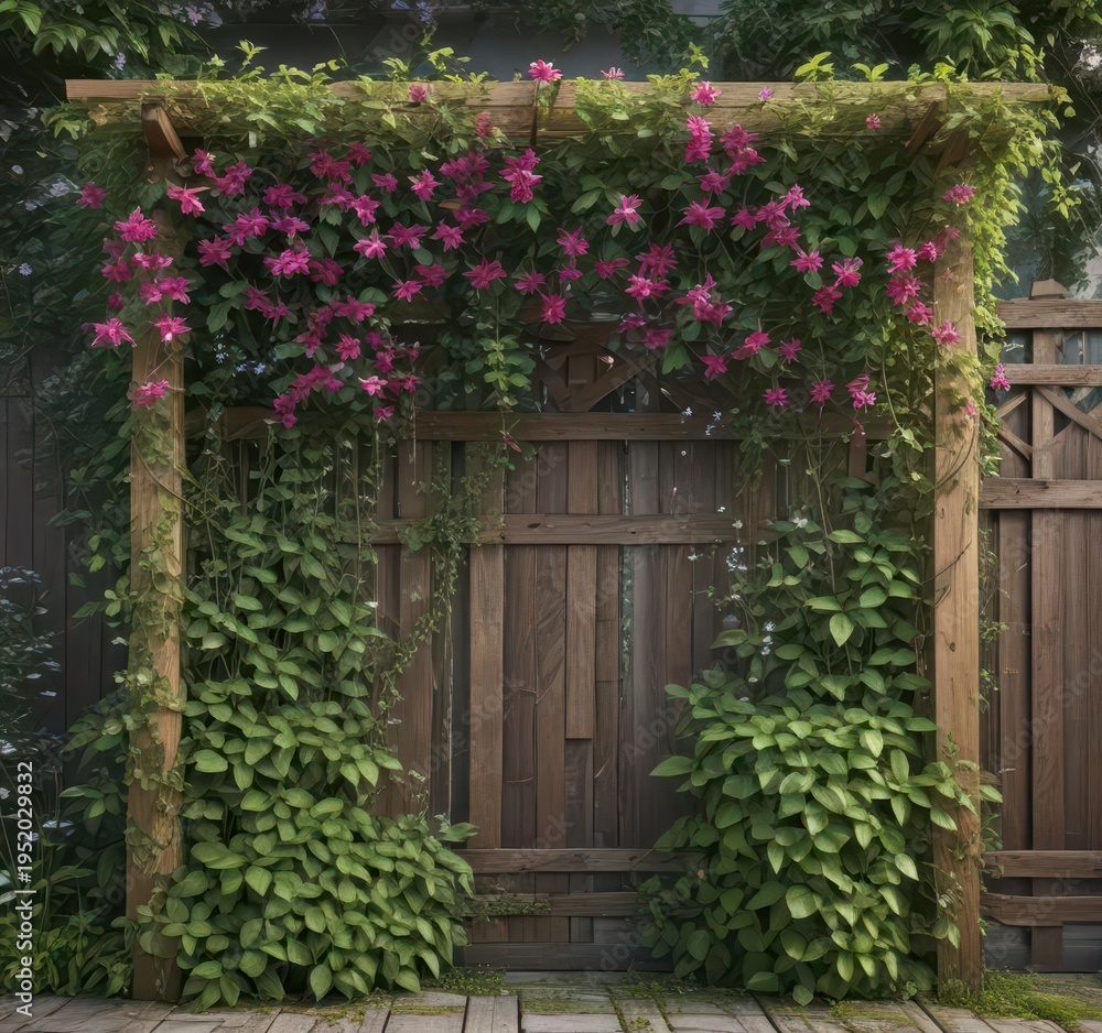 Obraz premium Lush clematis vines wrapped around a rustic wooden trellis , vine, foliage, trellis