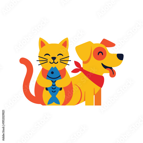 Cat and dog pet shop logo design with kitten holding blue fish and puppy wearing red bandana in flat vector illustration style isolated on white background for animal care brand identity branding