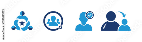 Business team icons collection representing leadership human resources management and professional cooperation between employees and managers in corporate environment with blue minimalist styling