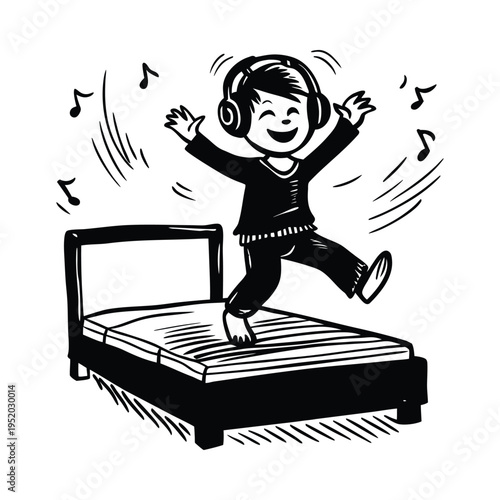 Energetic boy in pajamas with headphones jumping on bed, surrounded by musical notes, black and white vector, capturing playful and joyous moment