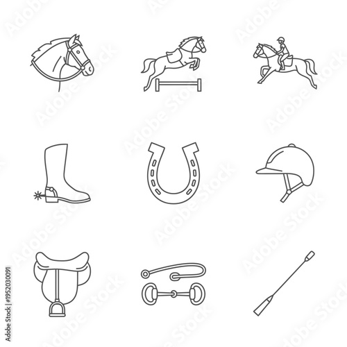 Equestrian Icons Set Horse Riding Equipment Collection.