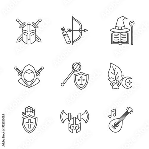 Fantasy Game Icons Set Warrior Mage Archer Knight Bard.
