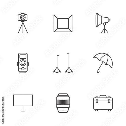 Photography equipment icons set for studio and outdoor shoots.