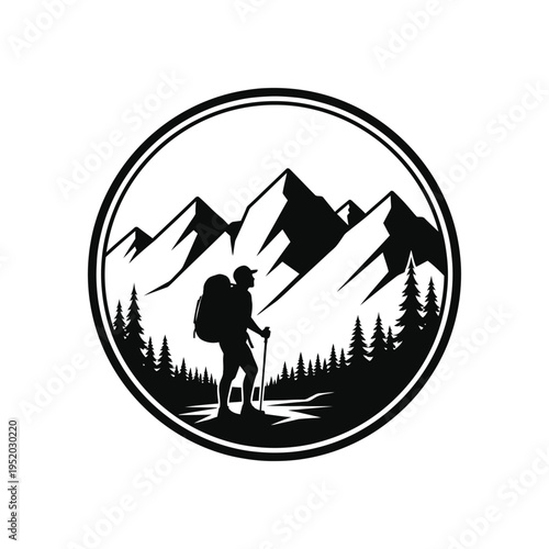 Hiking adventure logo design with mountain silhouette and man hiker carrying backpack walking in forest within circular frame black and white vector illustration for outdoor travel branding